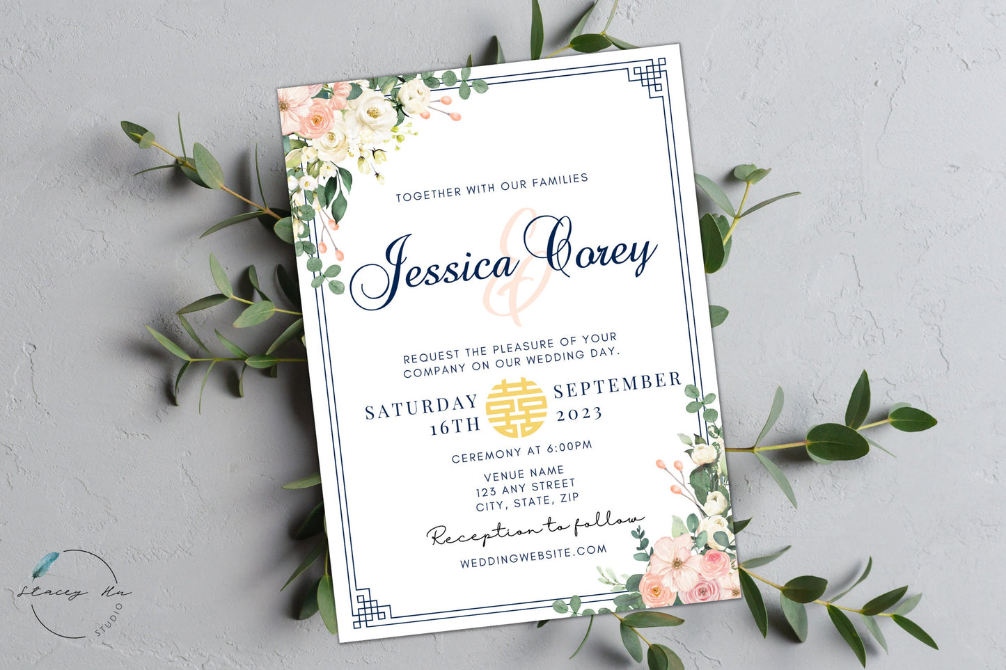 Navy Blush and Ivory Floral Wedding Invitation Set | Traditional Chinese & English | 5x7 IN