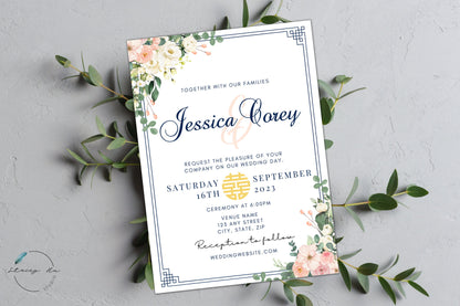 Navy Blush and Ivory Floral Wedding Invitation Set | Traditional Chinese & English | 5x7 IN