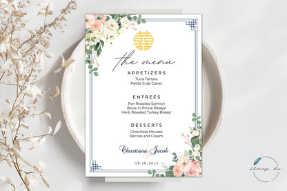 Navy Ivory and Blush Floral Menu Set | Chinese Banquet & Plated | 5x7 IN