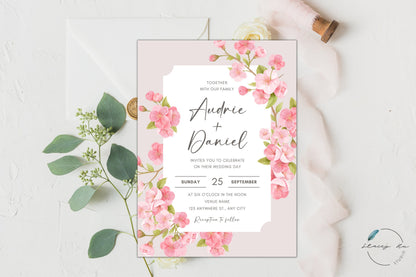 Pink Cherry Blossom Wedding Invitation | English & Engagement Photo | 5x7