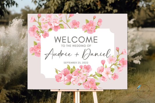 Pink Cherry Blossom Welcome Sign | Landscape | 18x24 IN
