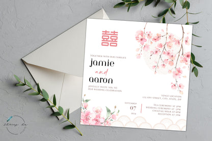 Pink Sakura Square Wedding Invitation Set | Traditional Chinese & English | 5.5x5.5 IN