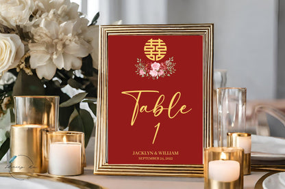 Red & Blush Simple Floral Asian Wedding Table Number | 4x6 IN | 2 Colors