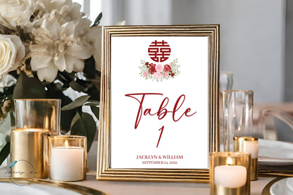 Red & Blush Simple Floral Asian Wedding Table Number | 4x6 IN | 2 Colors