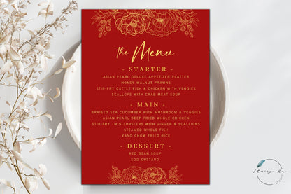 Red and Gold Lined Floral Menu | Plated | 5x7 IN | 2 Colors