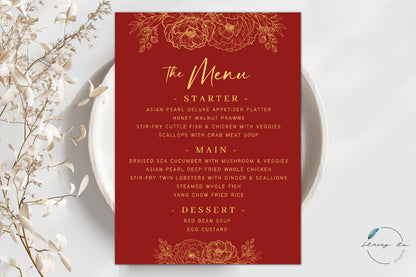 Red and Gold Lined Floral Menu | Plated | 5x7 IN | 2 Colors