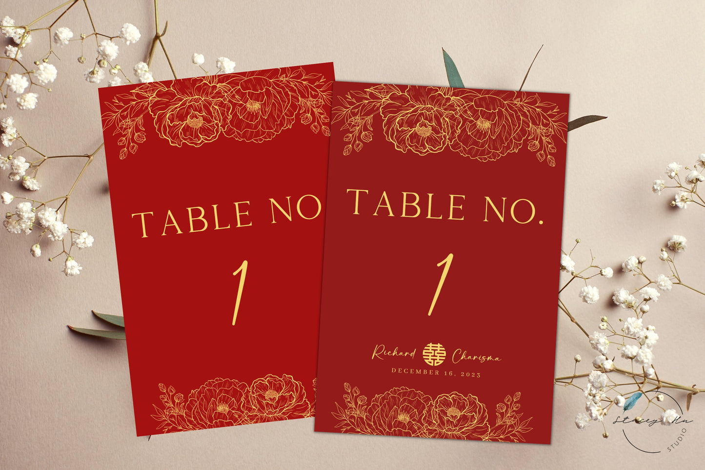 Red & Gold Lined Floral Table Number | 5x7 IN | 2 Colors