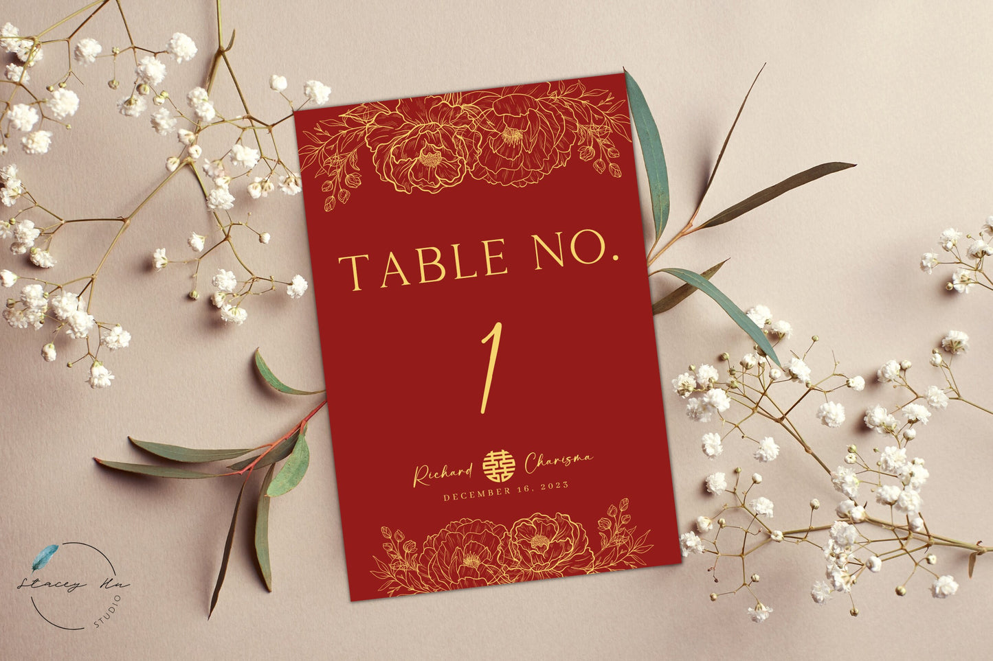 Red & Gold Lined Floral Table Number | 5x7 IN | 2 Colors