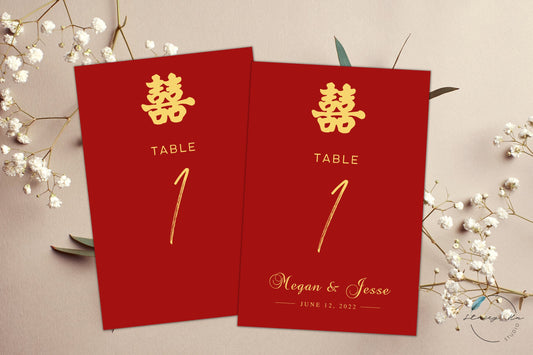 Red & Gold Simple Asian Wedding Table Number | 5x7 IN