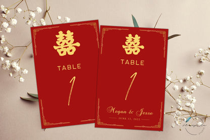 Red & Gold Simple Asian Wedding Table Number v2 | 5x7 IN