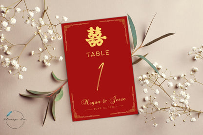 Red & Gold Simple Asian Wedding Table Number v2 | 5x7 IN