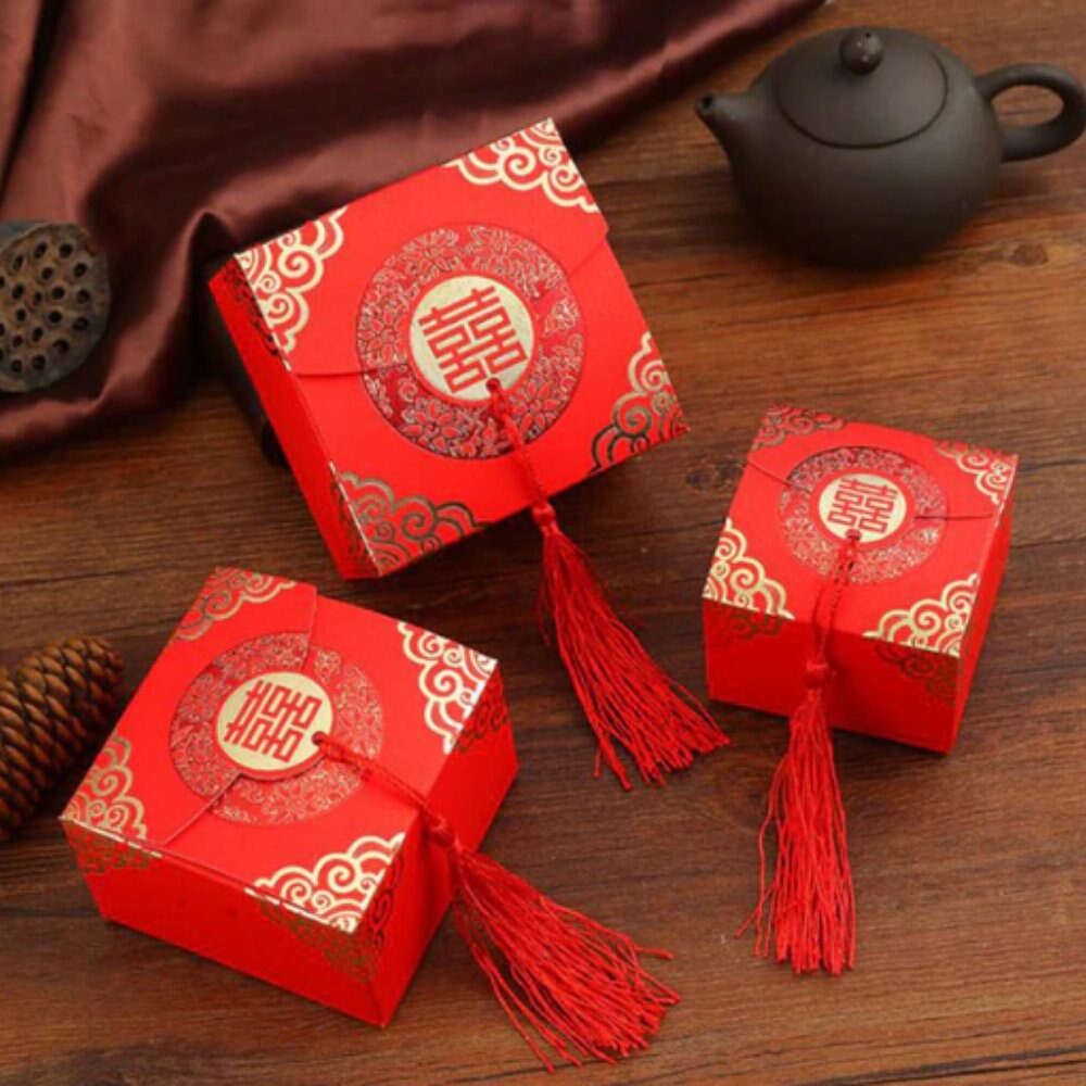 Red & Gold Asian Wedding Square Party Favors Boxes | 3 Sizes