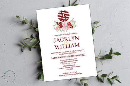 Red and Blush Floral Simple Wedding Invitation Set | Traditional Chinese & English | 5x7 IN