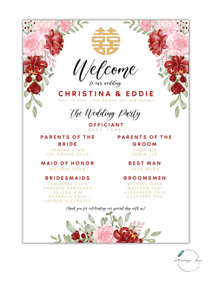 Red and Blush Floral Wedding Welcome and Party Sign | Portrait | 24x36 IN
