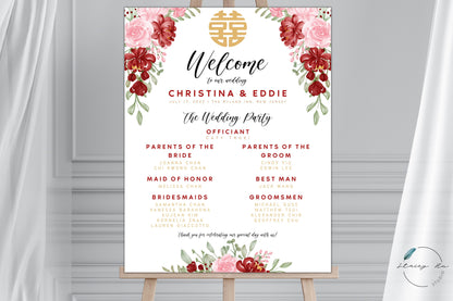 Red and Blush Floral Wedding Welcome and Party Sign | Portrait | 24x36 IN