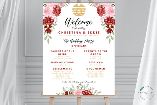 Red and Blush Floral Wedding Welcome and Party Sign | Portrait | 24x36 IN