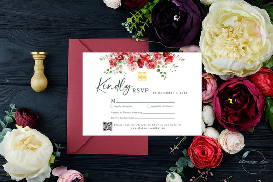 Red and Blush Greenery RSVP Card | Mail-in or Online | 3.5x5 IN