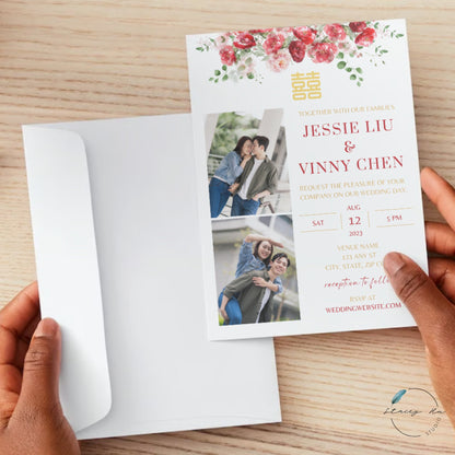 Red and Blush Greenery Wedding Invitation Set | Traditional Chinese & English | 5x7 IN