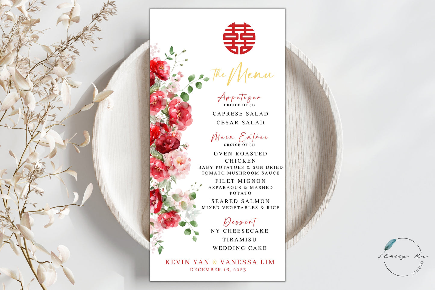 Red and Blush Greenery Wedding Menu Set | Chinese Banquet & Plated | 3.5.x7 IN