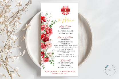 Red and Blush Greenery Wedding Menu Set | Chinese Banquet & Plated | 3.5.x7 IN