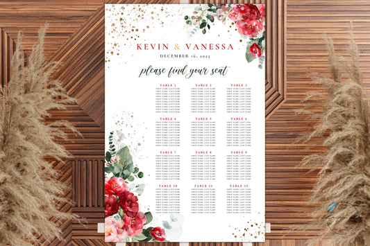 Red and Blush Greenery Wedding Seating Chart | Portrait | 24x36 IN