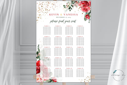 Red and Blush Greenery Wedding Seating Chart | Portrait | 24x36 IN