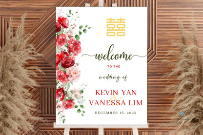 Red and Blush Greenery Wedding Wedding Welcome Sign | Portrait | 18x24 IN