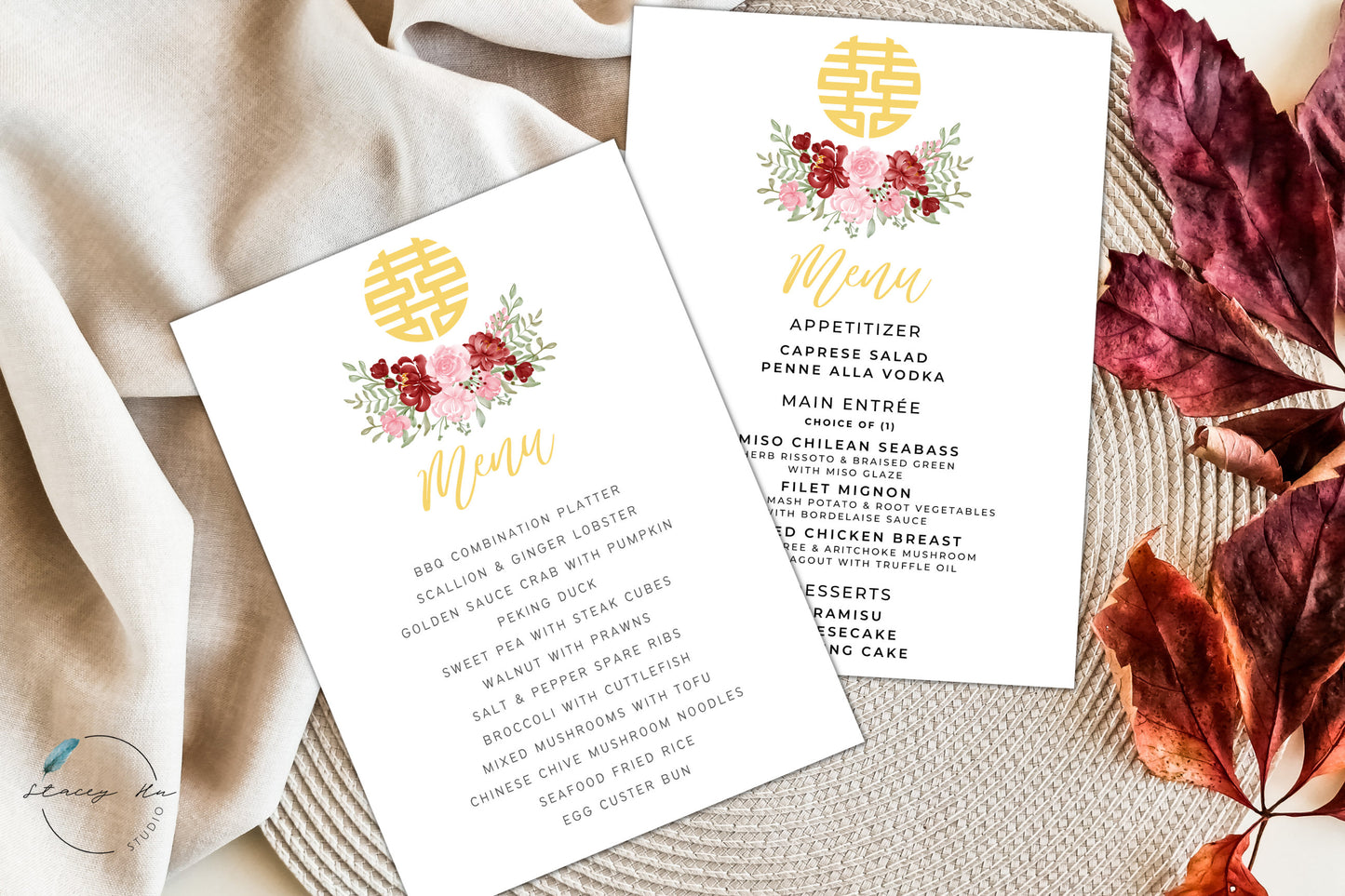 Red and Blush Simple Floral Asian Wedding Menu Set | White | Chinese Banquet & Plated | 5x7 IN