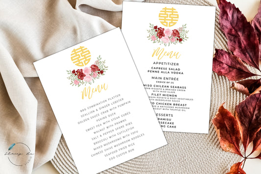 Red and Blush Simple Floral Asian Wedding Menu Set | White | Chinese Banquet & Plated | 5x7 IN