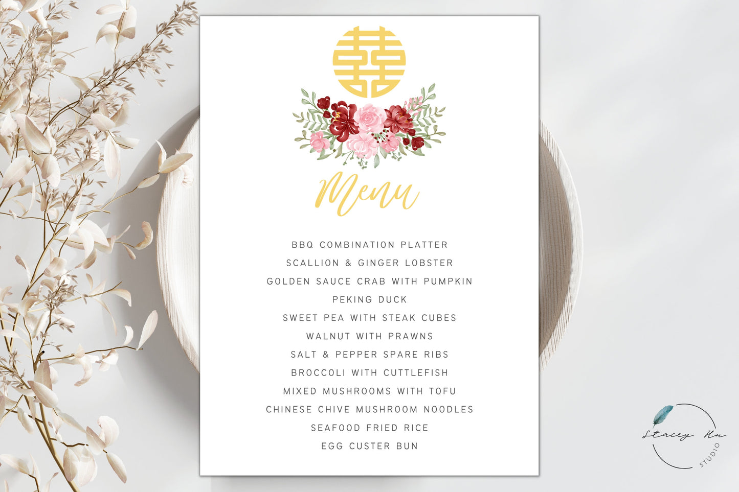 Red and Blush Simple Floral Asian Wedding Menu Set | White | Chinese Banquet & Plated | 5x7 IN