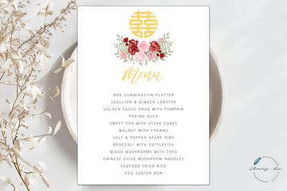 Red and Blush Simple Floral Asian Wedding Menu Set | White | Chinese Banquet & Plated | 5x7 IN