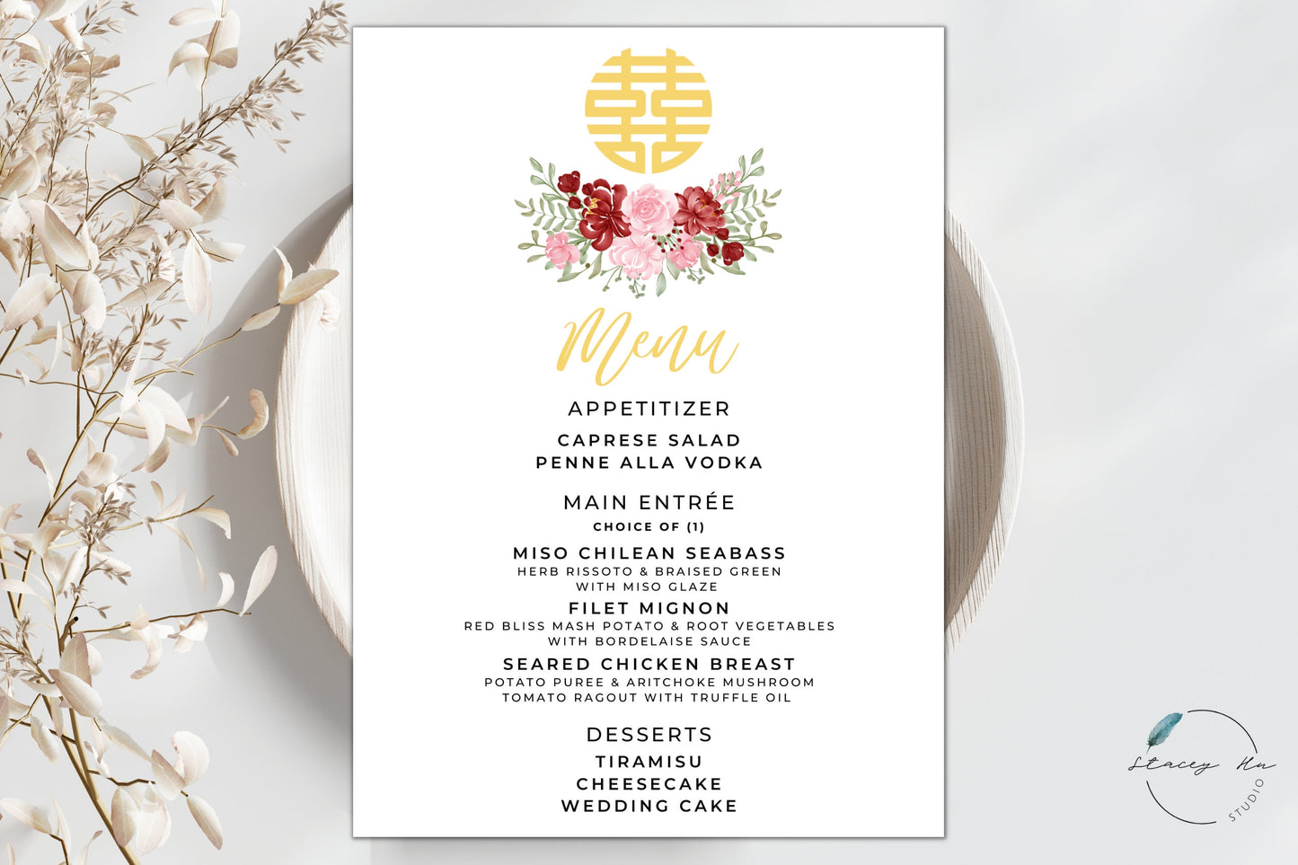 Red and Blush Simple Floral Asian Wedding Menu Set | White | Chinese Banquet & Plated | 5x7 IN