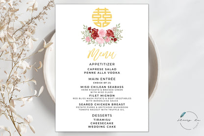 Red and Blush Simple Floral Asian Wedding Menu Set | White | Chinese Banquet & Plated | 5x7 IN