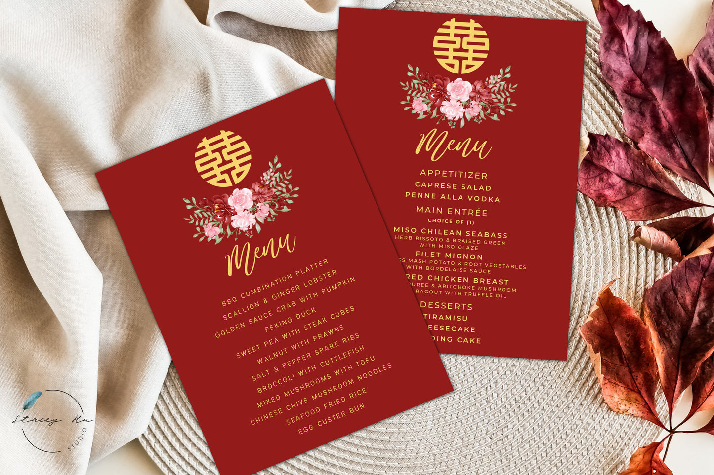 Red and Blush Simple Floral Asian Wedding Menu Set | Red | Chinese Banquet & Plated | 5x7 IN