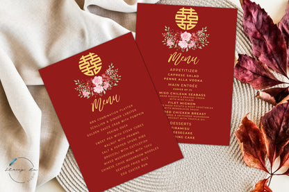 Red and Blush Simple Floral Asian Wedding Menu Set | Red | Chinese Banquet & Plated | 5x7 IN
