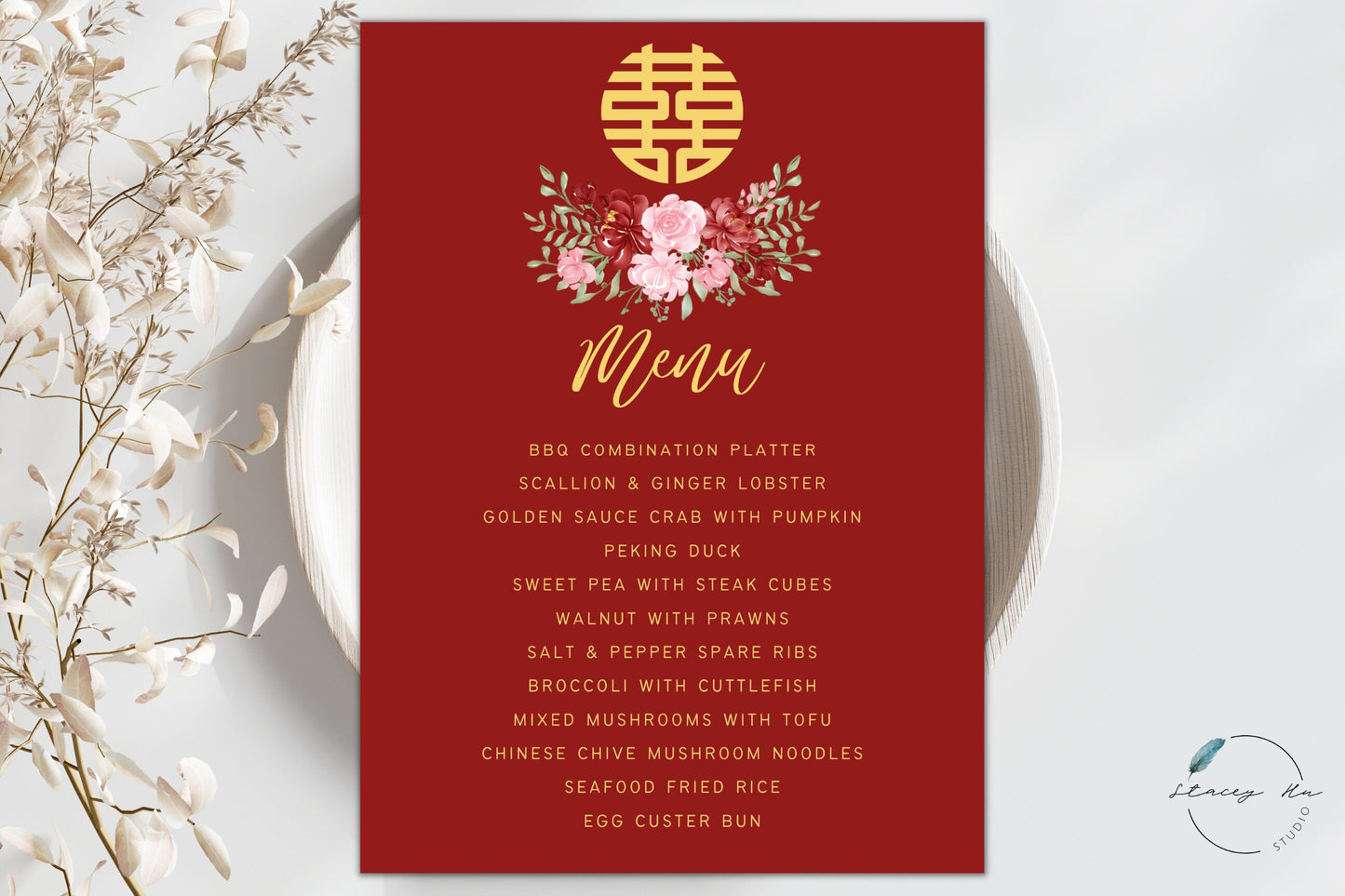 Red and Blush Simple Floral Asian Wedding Menu Set | Red | Chinese Banquet & Plated | 5x7 IN