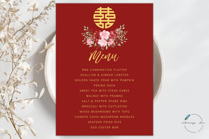 Red and Blush Simple Floral Asian Wedding Menu Set | Red | Chinese Banquet & Plated | 5x7 IN