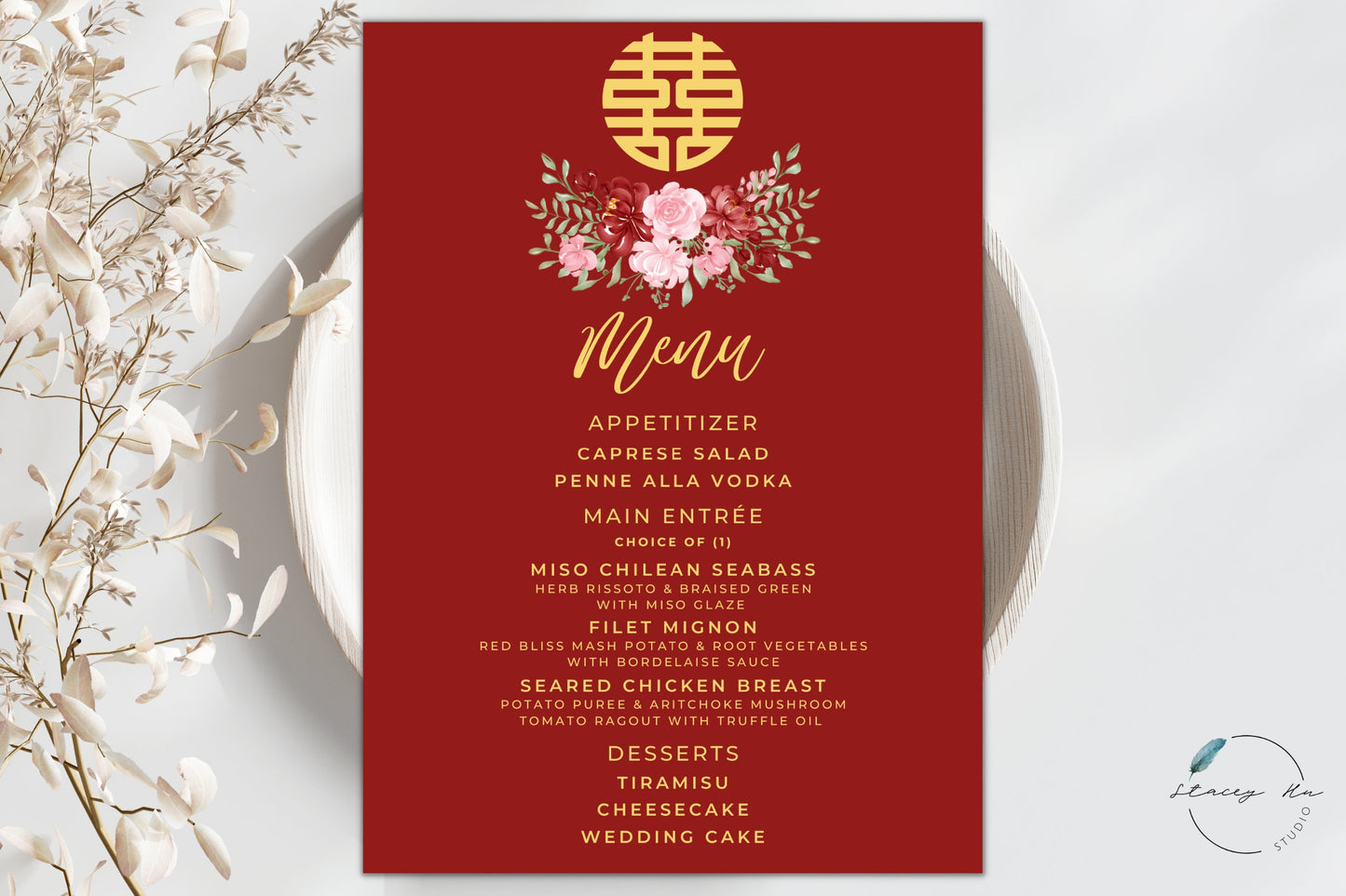 Red and Blush Simple Floral Asian Wedding Menu Set | Red | Chinese Banquet & Plated | 5x7 IN