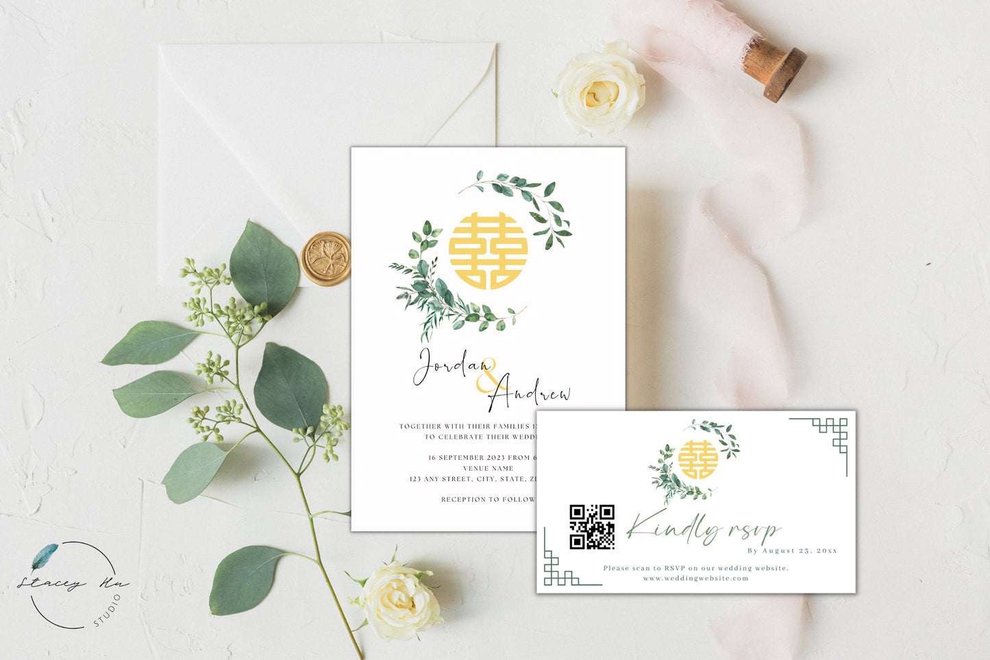 Simple Greenery Asian Wedding RSVP Card | Online | 2x3.5 IN