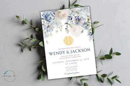 Soft Blue and Ivory Floral Wedding Invitation Set | Traditional Chinese English | 5x7 IN