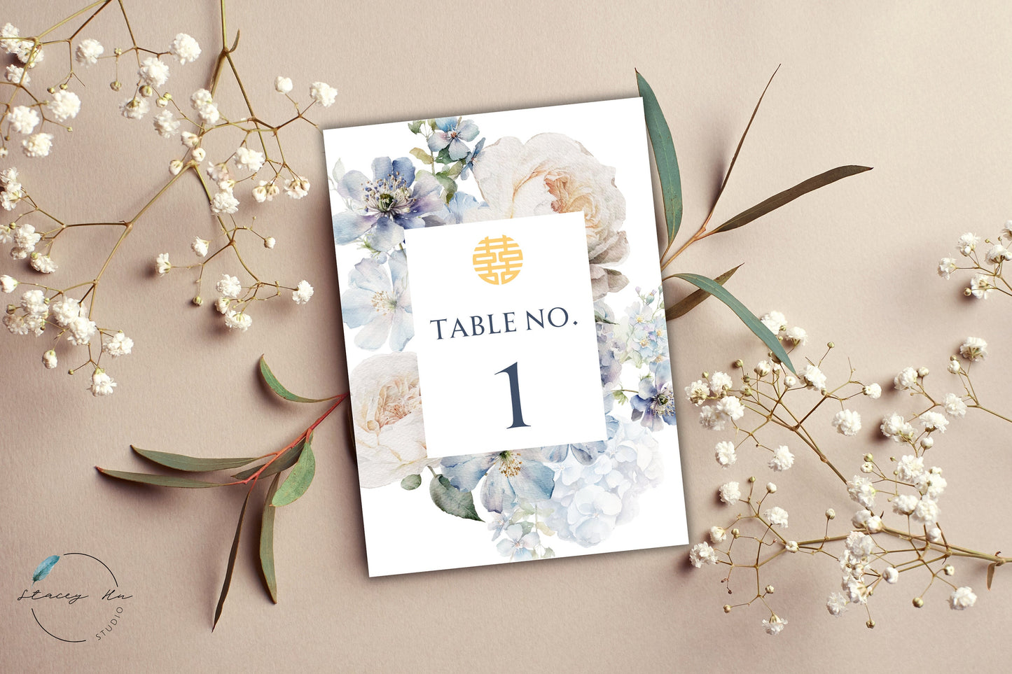 Soft Blue and Ivory Floral Table Number | 5x7 IN