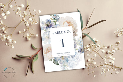 Soft Blue and Ivory Floral Table Number | 5x7 IN