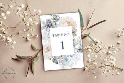 Soft Blue and Ivory Floral Table Number | 5x7 IN