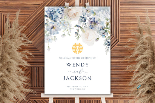 Soft Blue and Ivory Floral Welcome Sign | Portrait | 18x24 IN