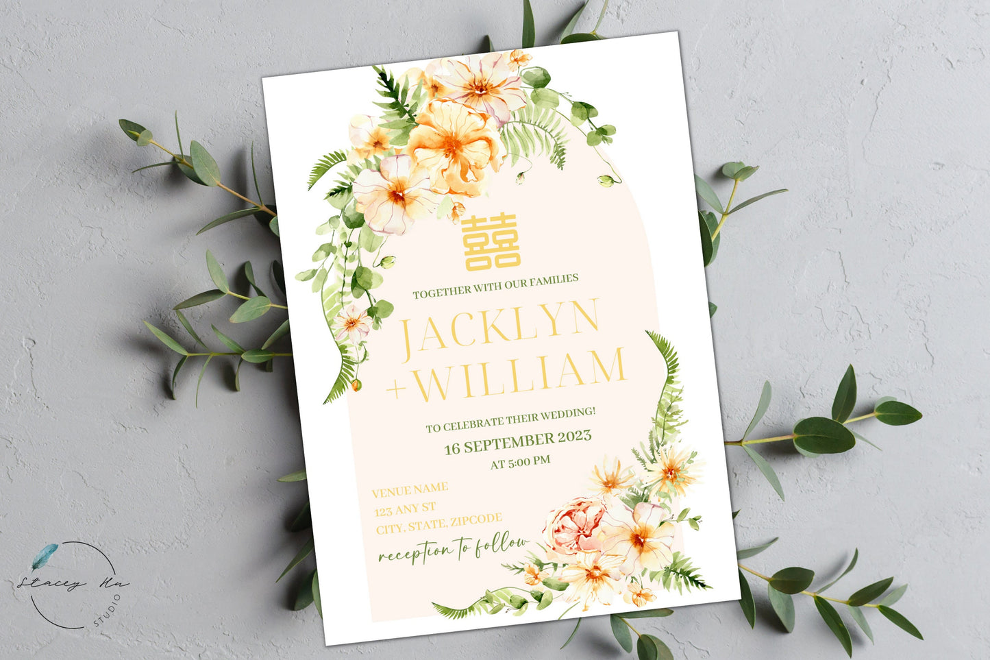 Sunny Field Floral Wedding Invitation Card Set | Traditional Chinese & English | 5x7 IN
