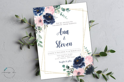 Gold, Blush & Navy Floral Wedding Invitation Card Set | Traditional Chinese & English | 5x7